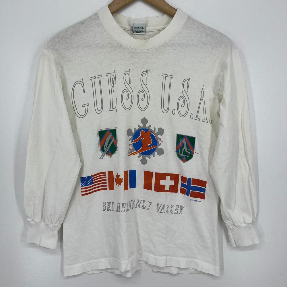 Vintage 1992 Guess USA Ski Heavenly Valley Long Sleeve T-Shirt White Medium